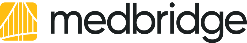 Medbridge logo with bold black text beside a yellow graphic with white curved and vertical lines.